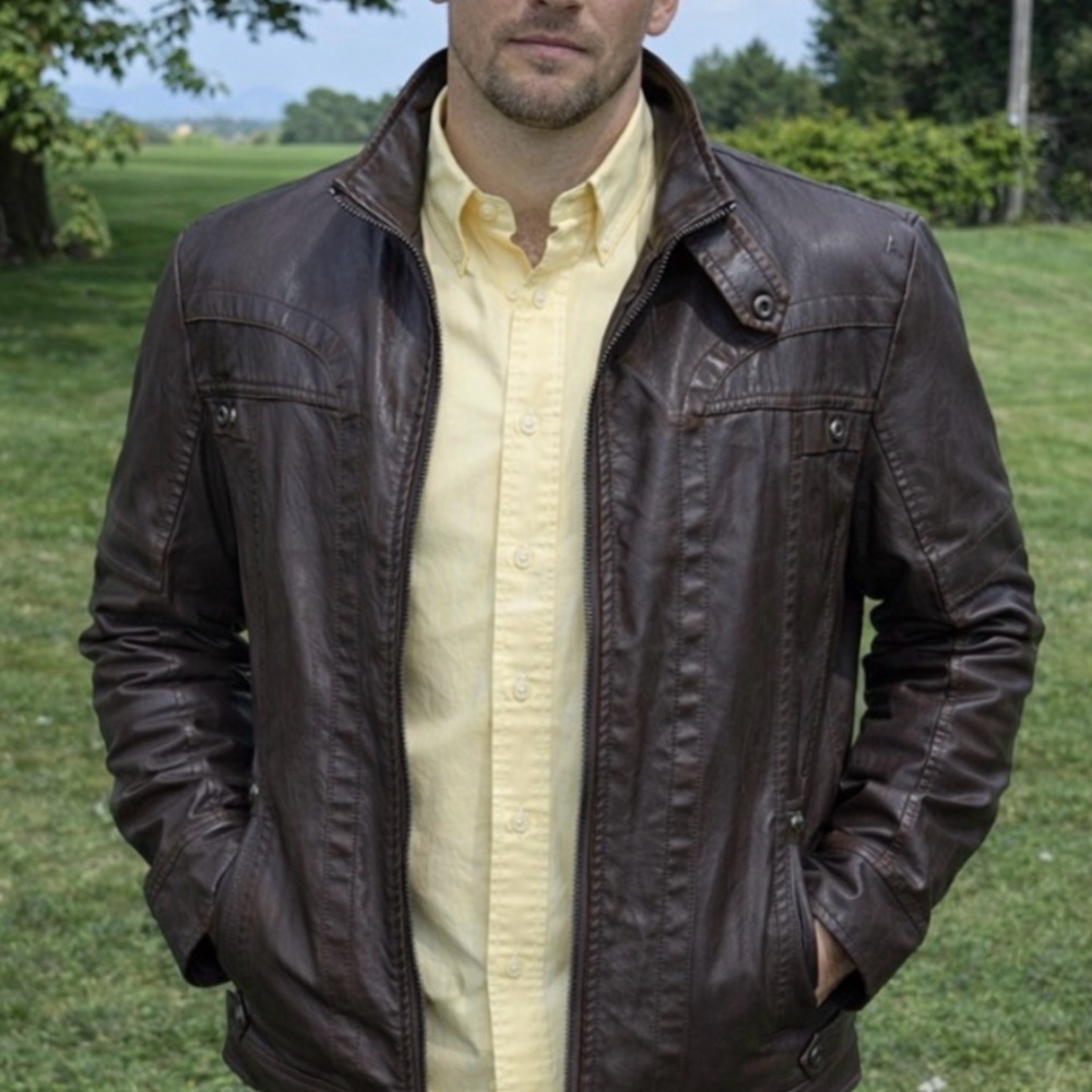 -KH Motorcycle Brown Stand Collar Bomber Jacket Faux Leather Men's Large
